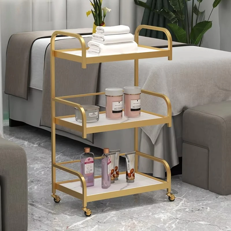 

Modern Beauty Salon Furniture White Gold Metal Frame Tool Car Luxury High Quality 4 Wheels Salon Trolley