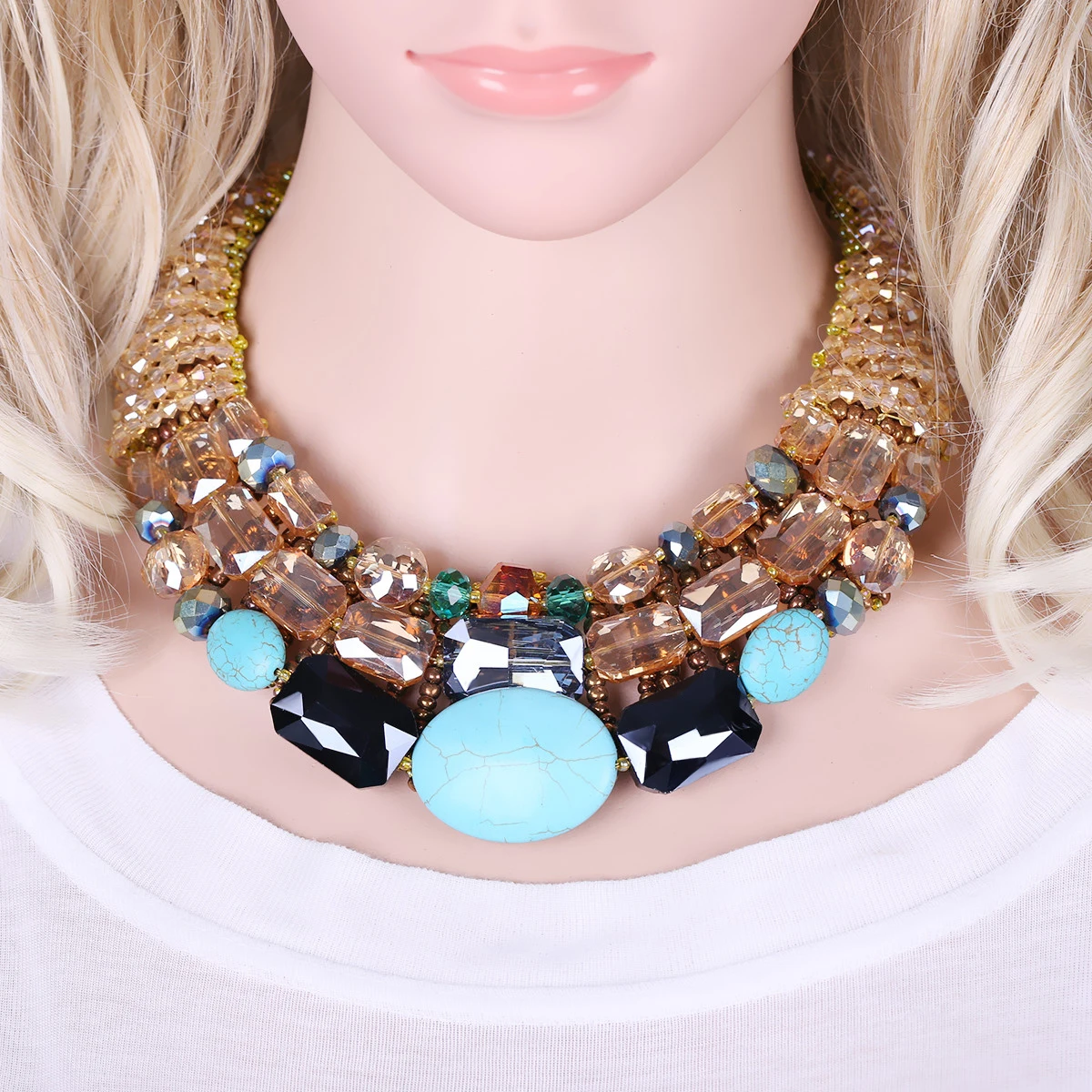 KAYMEN Luxury Handmade Statement Necklace for Women Girls Crystals and Imiation Turquoise Beaded Chunky Bib Chokers Dropshipping