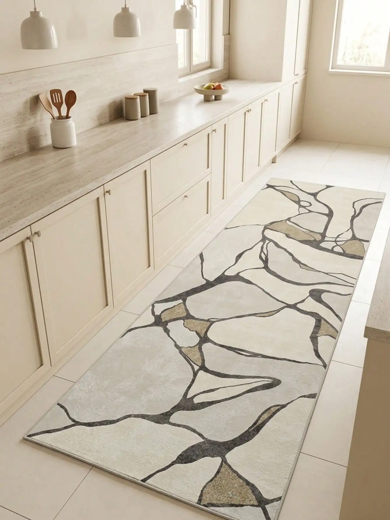 1PC Off-White Gray Brown Cracked Vein Abstract Pattern Modern Minimalist Art Long Runner Rug,Vintage Abstract Style Faux Cashmere Long Rectangular Asymmetrical Cracked Texture And Negative Space Details Machine Washable Bedside Rug sh260906173612280585033