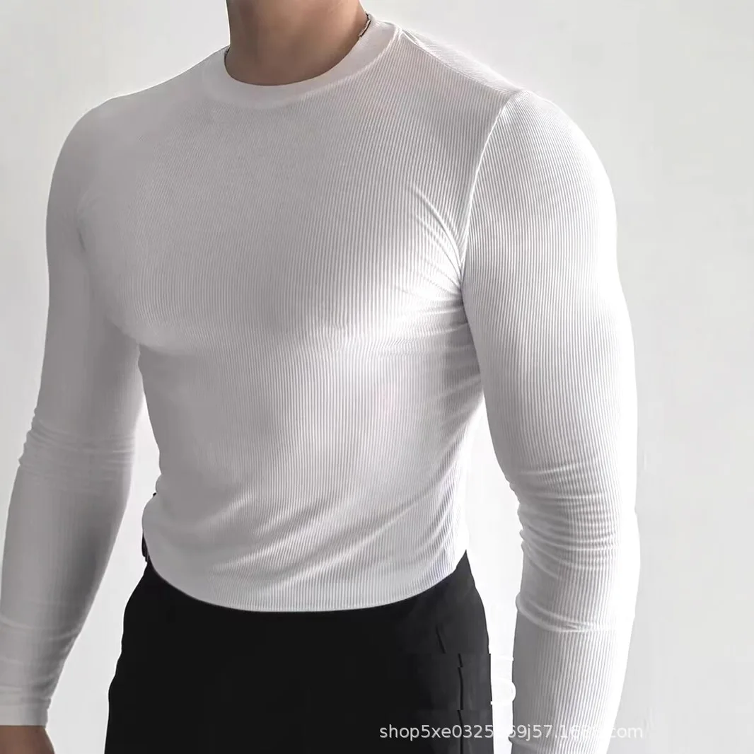 Amerikanischer Stil Herren Elastisches Einfarbiges Langarm O-Ausschnitt Casual Trendiges Slim-Fit Unterhemd Männliches Neues Modisches Plissiertes Oberteil