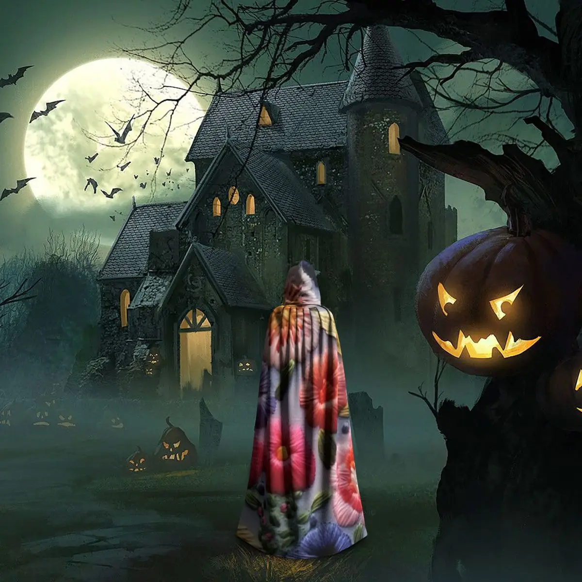 Bordado floral intrincado em tecido leve longo com capuz capa bruxa traje medieval cosplay capa halloweenparty adulto unisex