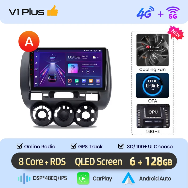 Junsun Draadloze Carplay Auto Radio Voor Honda Fit Jazz Stad 2002 2003 2004 2005 2006 2007 Android Autoradio Head Unit Rds 4G Wifi