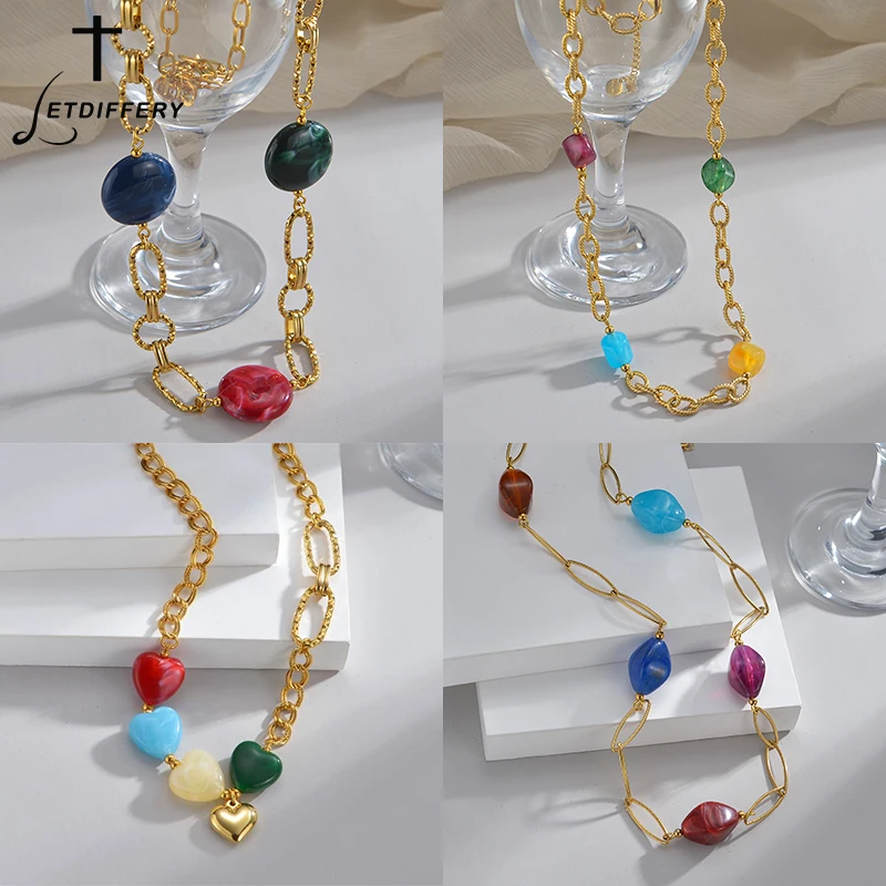 Letdiffery Fashion Colorful Bead Bendant Necklace Gold Color Rainbow Round Heart Pendant Choker for Women Party Jewelry Gifts
