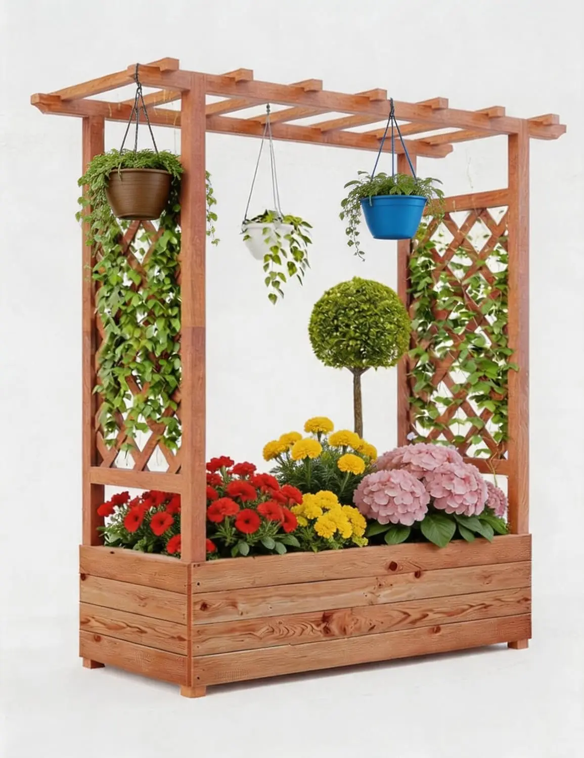 Hochbeet mit Rankgitter 110x44x114cm, Pflanzkasten aus Holz mit seitlichem Rankgitter, Hängedach und 4 Abflusslöchern, freistehend, ideal für Kletterpflanzen, Ranken und Blumen