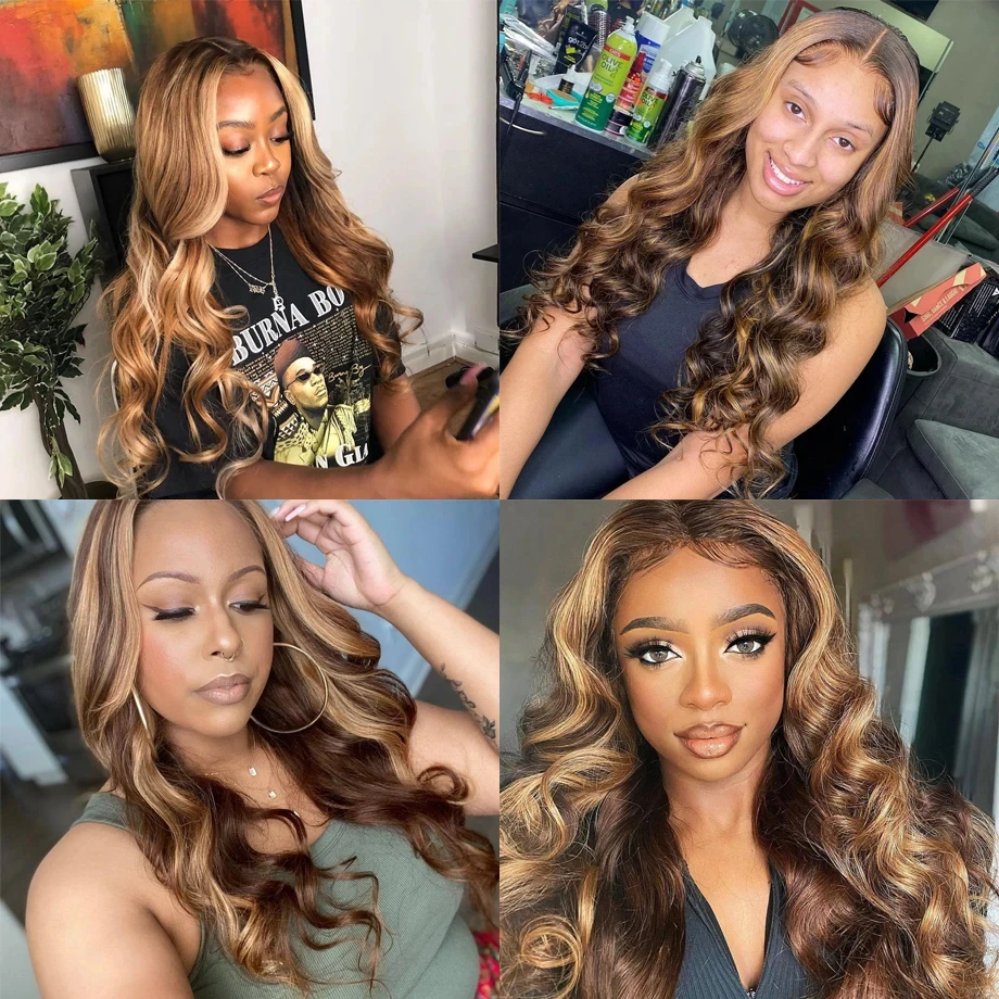 Body Wave Highlight Honey Brown Deep Wave 13x4 Transparent Lace Front Human Hair Wigs Human Hair Straight 4/27 Lace Frontal Wigs