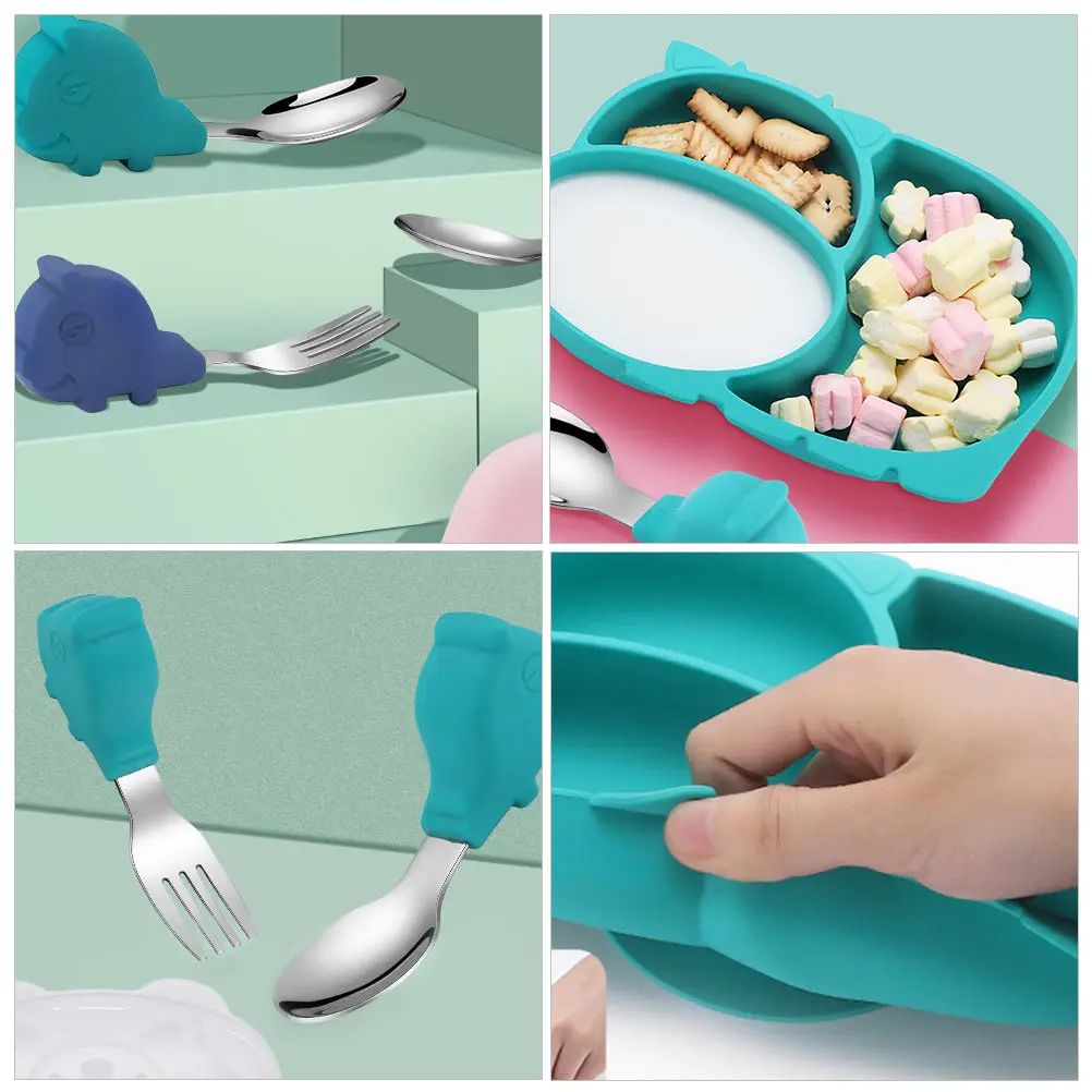 

1 set 1 Set Silicone Training Fork Spoon Set Food Grade Feeding Plate High Temp Resistant Dinner Plate With