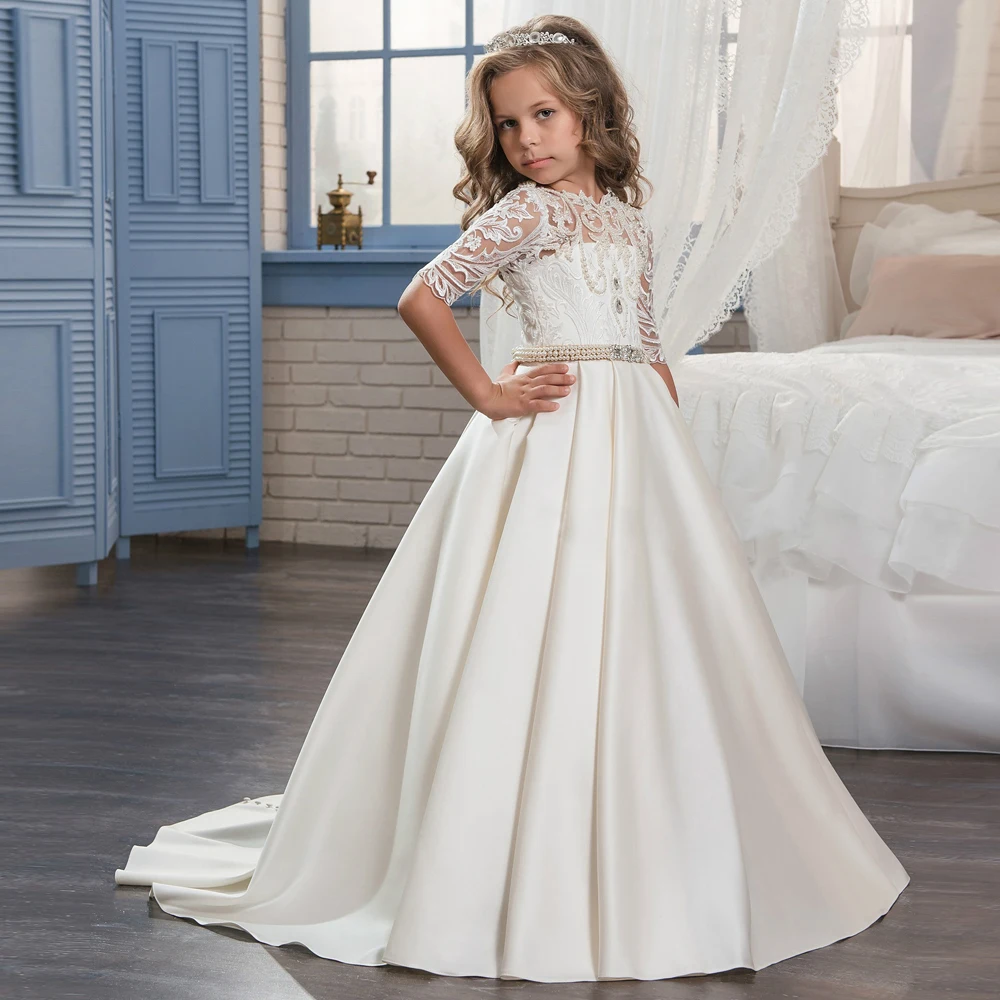

Flower Girls Dress With Bow Elegant First Holy Communion Gowns Jewel Neck Lace Open Back Satin Pageant Dress For Girls