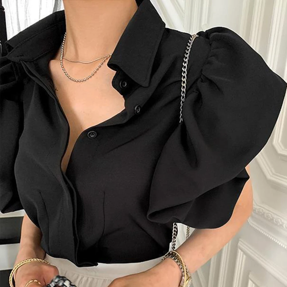 Women's Solid Color Fashion Top Featuring Lapel Detail Bubble Sleeves Regular for Fit and Balanced Stretch for Everyday Movement