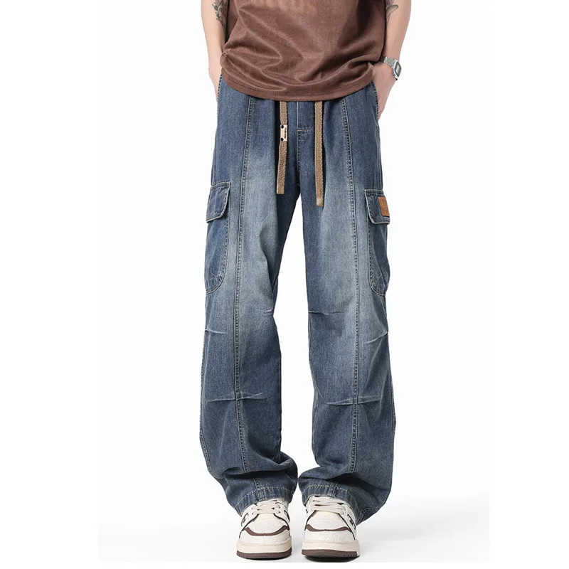 Primavera/Estate Nuovi jeans da lavoro vintage per uomo High Street Pantaloni da tuta in denim taglie forti lavati e strappati tinti in fango giallo