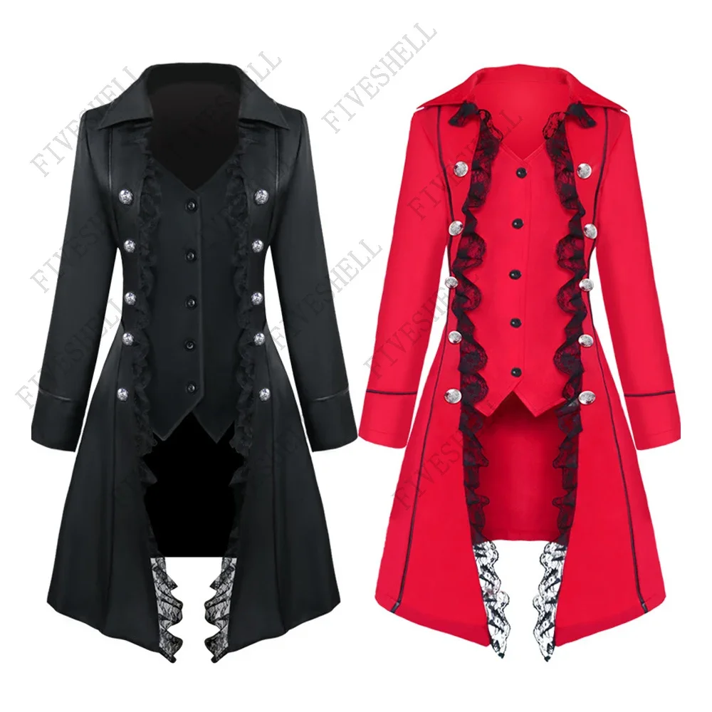 Halloween Cosplay Costumes Medieval Victorian Women Outwear Steampunk Gothic Tailcoat Button Retro Lace Long Pirate Jackets Coat