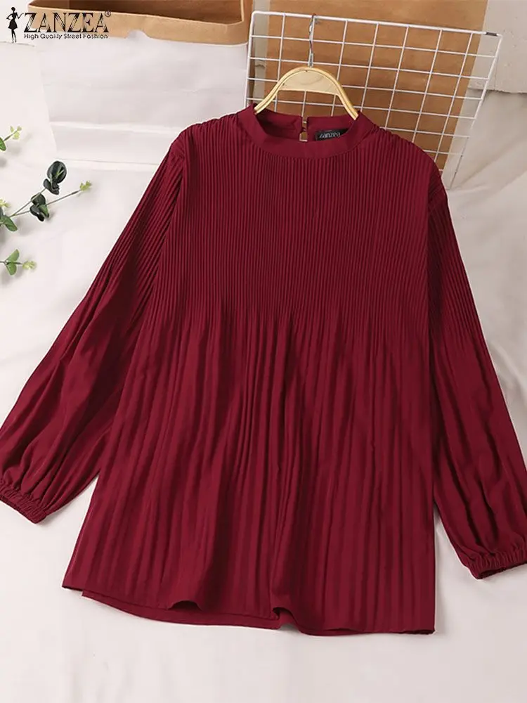 ZANZEA Women Autumn Pleated Long Blouses Long Sleeve O Neck Casual Blusas Mujer Muslim Islamic Fashion Solid Color Tunic Tops