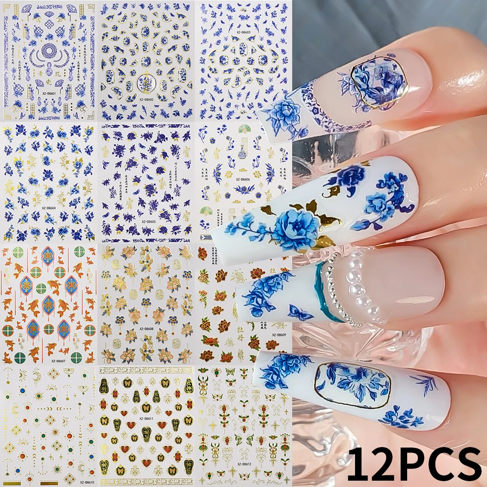 

12pcs Blue Bronzing Flower Nail Stickers 3D Chinese Style Blue and White Porcelain Nail Decals Back Glue French Nail Art Sticker