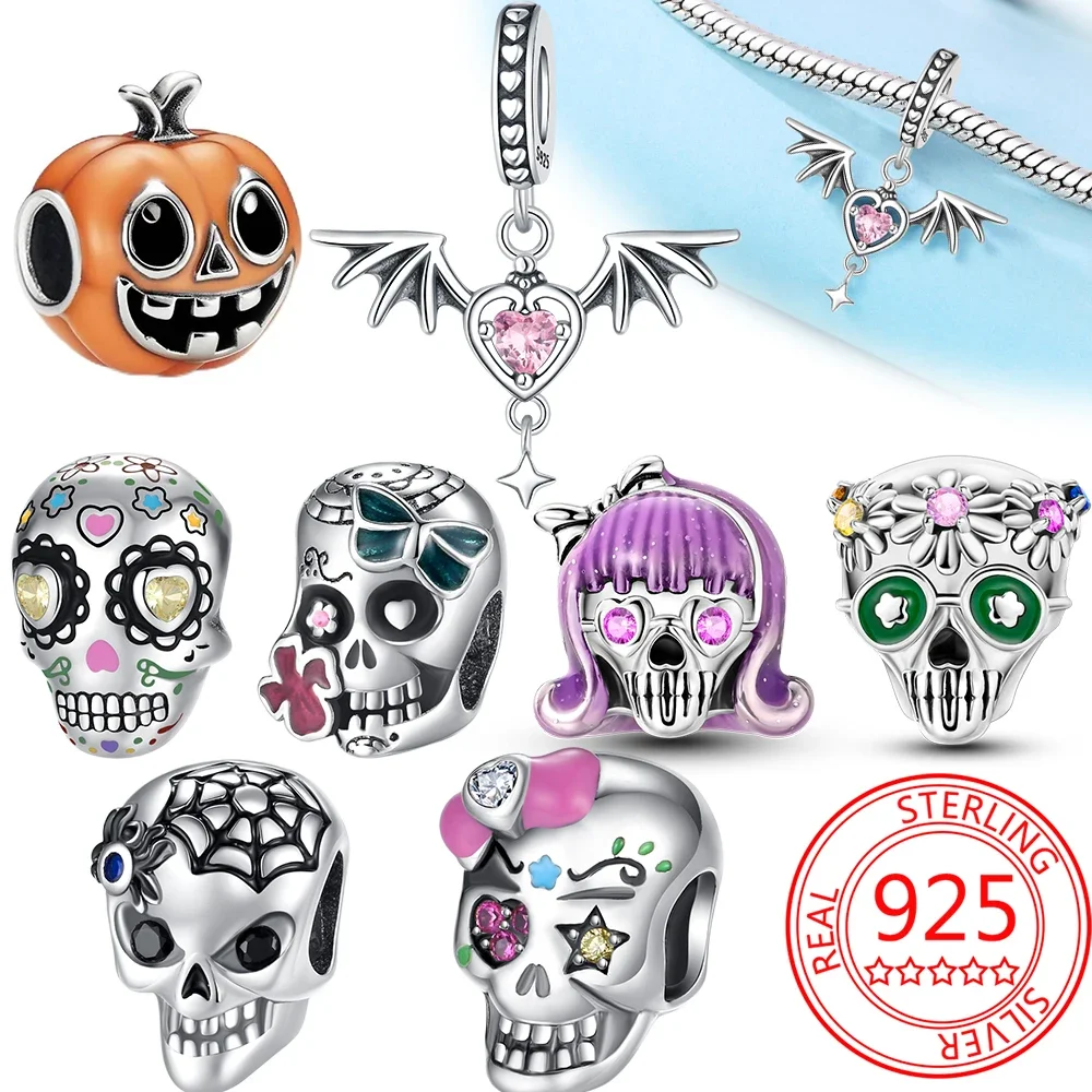 925 Sterling Silver Halloween Bat Skull Charm Pendant Beads Fit Pandora Charm Original Bracelet Women Jewelry Making Gift