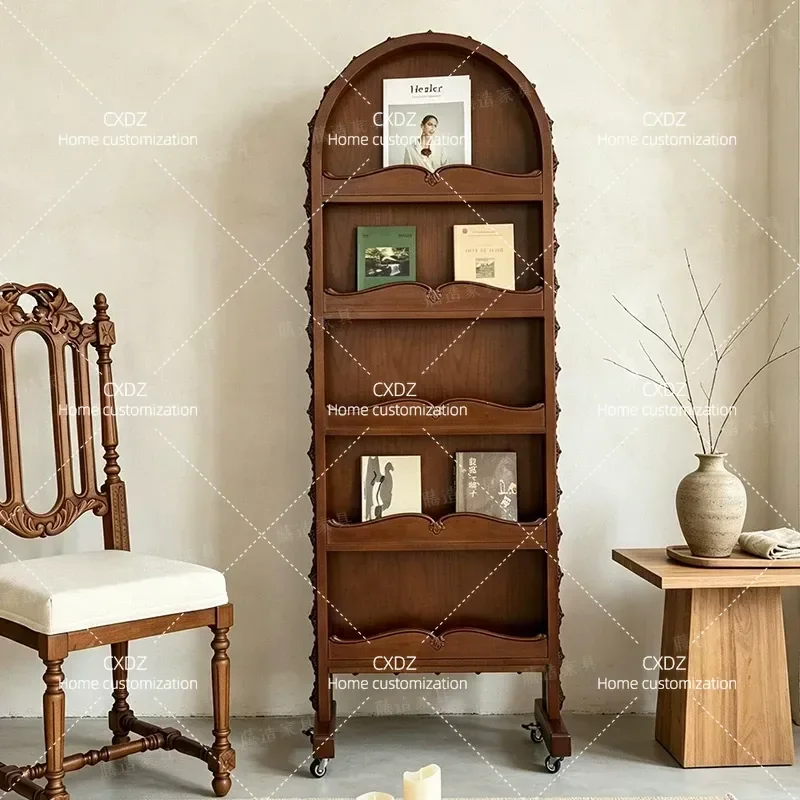 Solid Wood Full Length Mirror Antique Style Arched Floor Standing Mirror Rotatable Mobile Bedroom Dressing Mirror No Drill