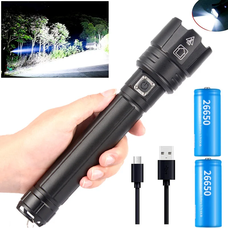 Super Bright XHP90 LED Flashlight 4 Core USB Torch Lantern Zoom 26650 USB Rechargeable Hand Light for Walking Camping,Fishing