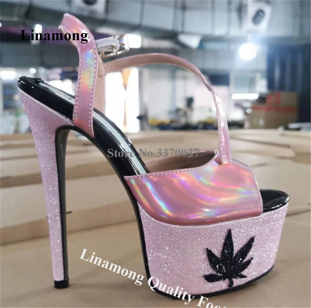 Linamong Bling Bling Sequined High Platform Stiletto Heel Sandals Peep Toe Pink Glitters Thin Heel Party Heels Wedding Shoes