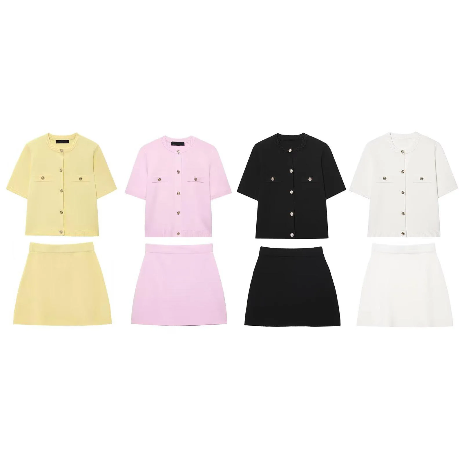 Mat Knitted Or Sve Conjunto de prendas de vestir exteriores y falda para mujer temporada de verano Fibra de poliéster Casual Sle Cierre de botón