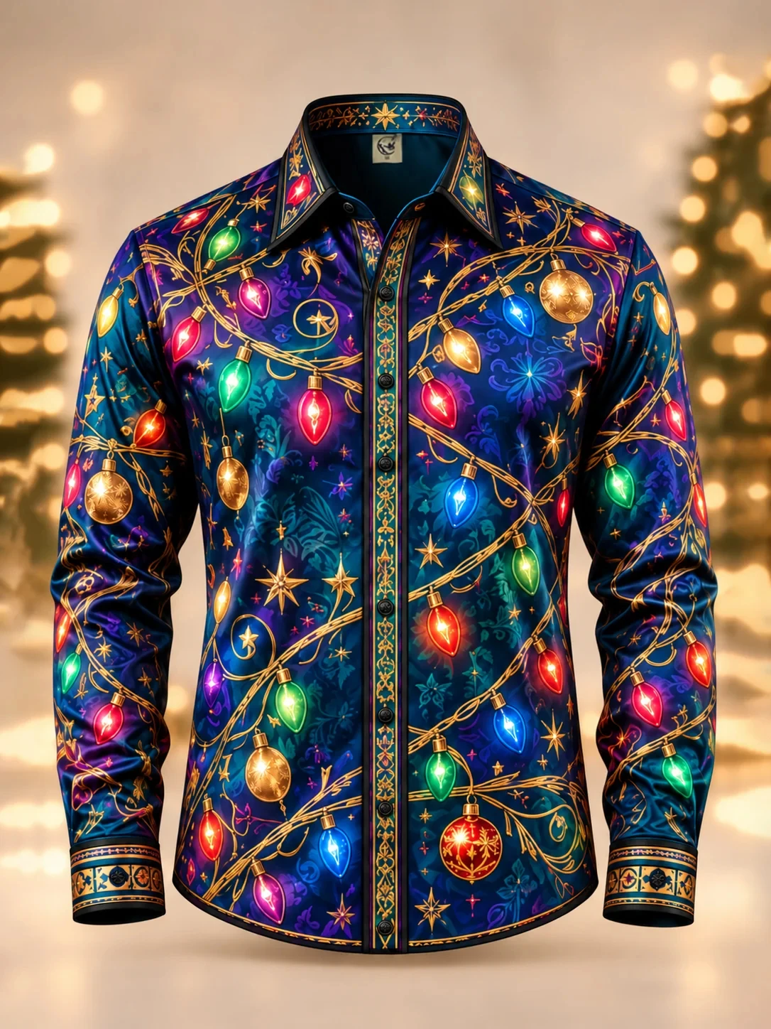 Printed Casual | Christmas Party | Vintage Xmas Tree Snowflake Graphic | Men Long Sleeve Shirt