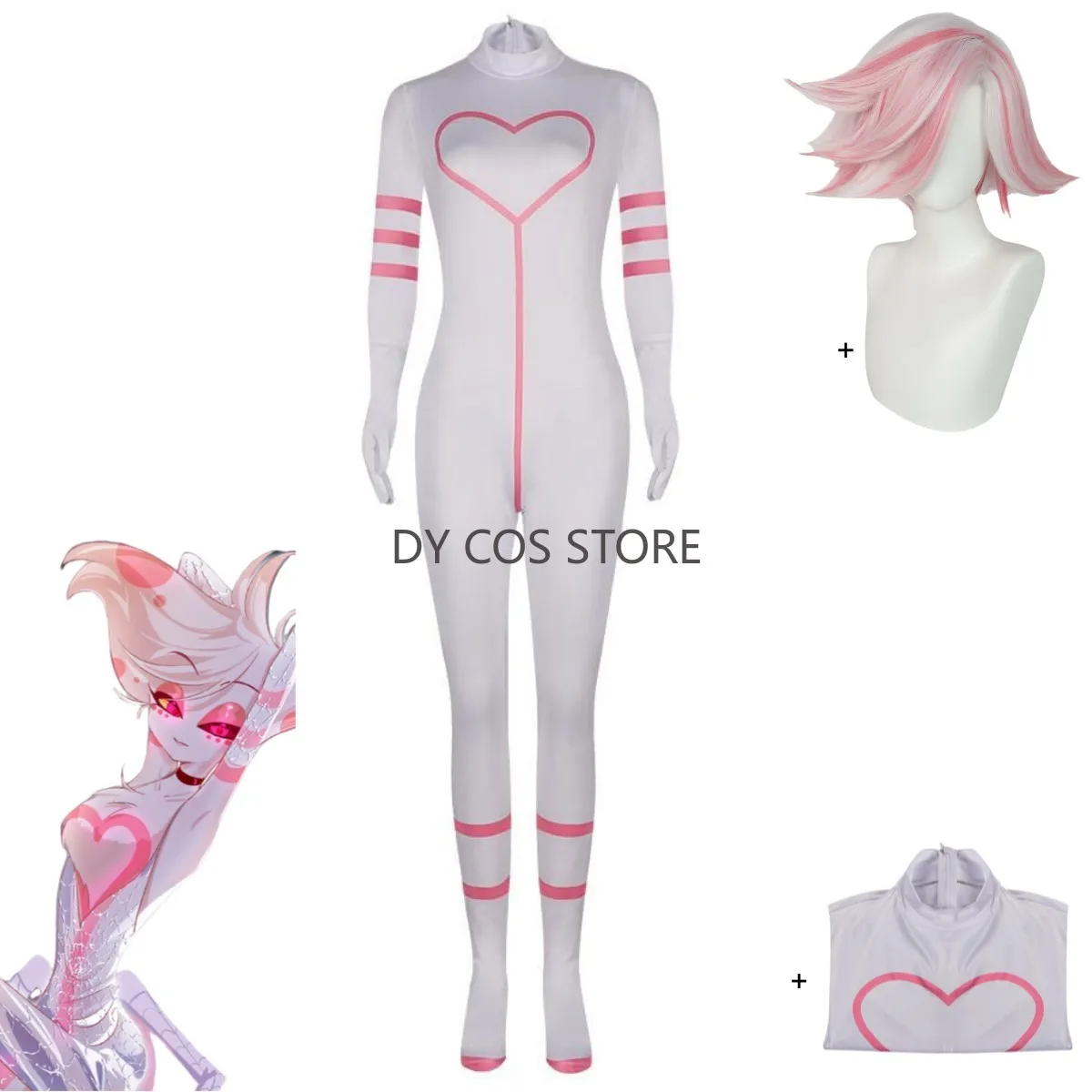 

Anime Angel Cosplay Costume White Pink Tight Fitting Long Sleeves Jumpsuits Wig Adult Woman Sexy Carnival Halloween Suit