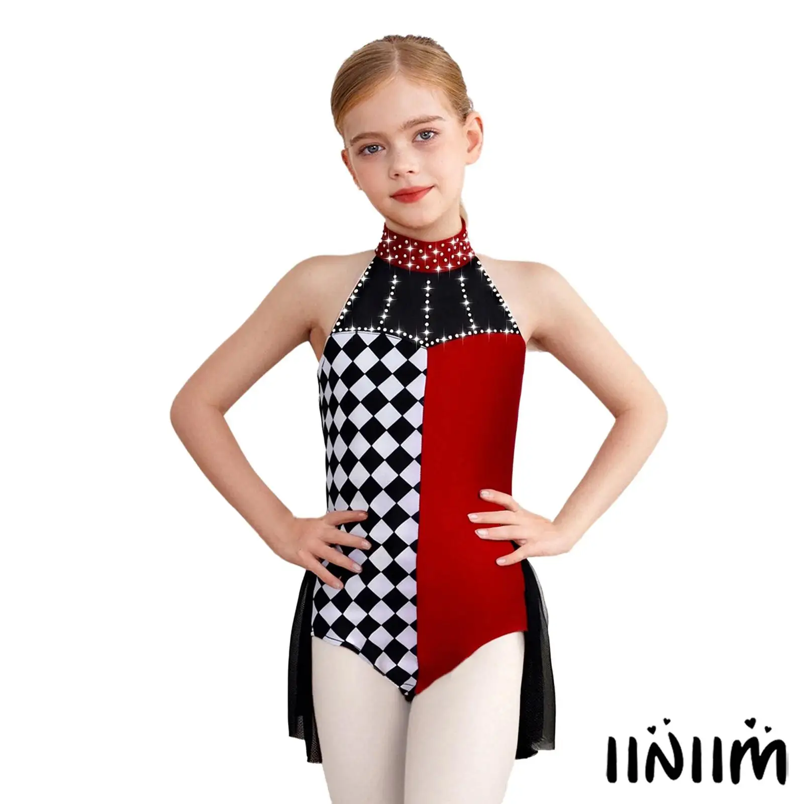 

Girls Ballet Dance Leotard Party Clown Roleplay Costume Color Block Patchwork Rhinestone Halter Sleeveless Mesh Overlay Jumpsuit