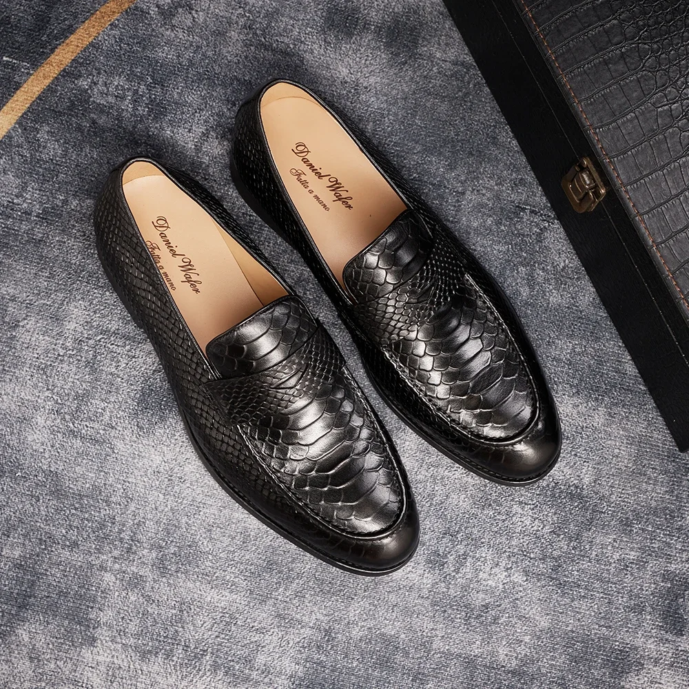 FELIX CHU Genuine Leather Men\'s Loafers Pointed Snake Pattern Slip-on Monk Shoes Wedding Party Casual Formal Men\'s Dress Shoes