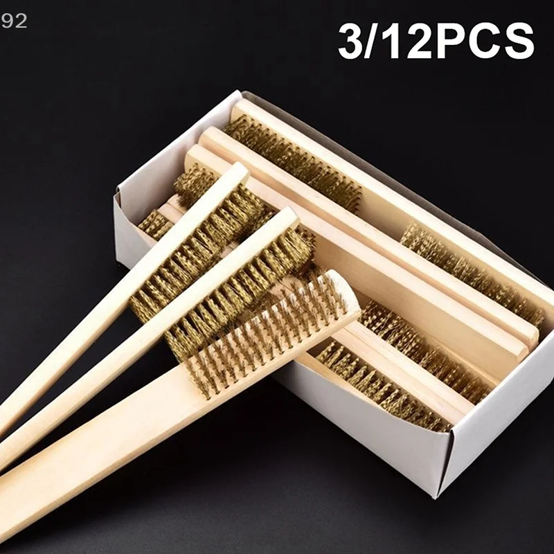 3/12pcs Heavy-Duty Copper Wire Brush Set-Effective Brush With Sturdy Handle For Paint Scrubbing Removing Unfinished Metal Etc