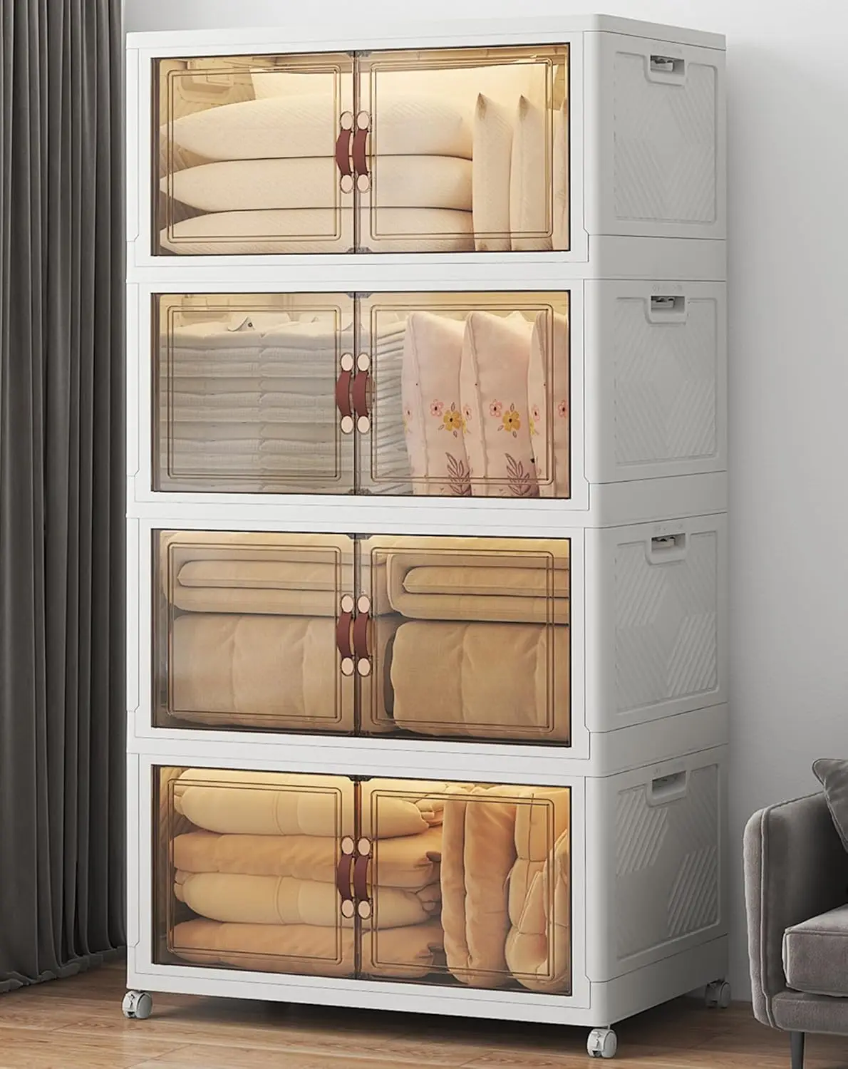 

Stackable Storage Bins Closet Organizers Wheels Lids Doors Cabinet Collapsible Plastic Drawers
