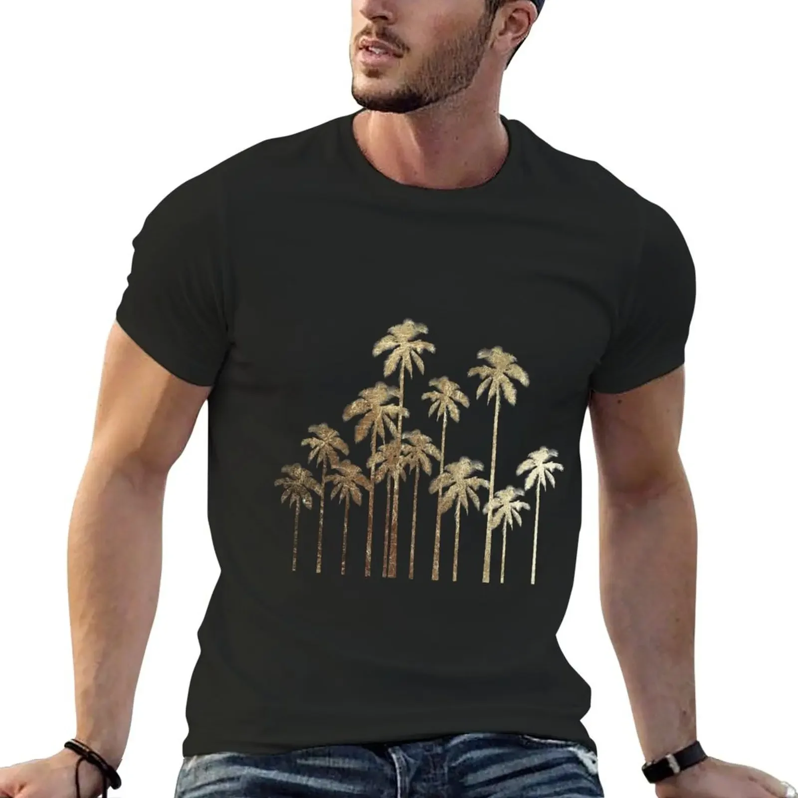 Glamorous Gold Tropical Palm Trees on White T-Shirt cotton graphic tees blue archive anime t shirts plain white t shirts men