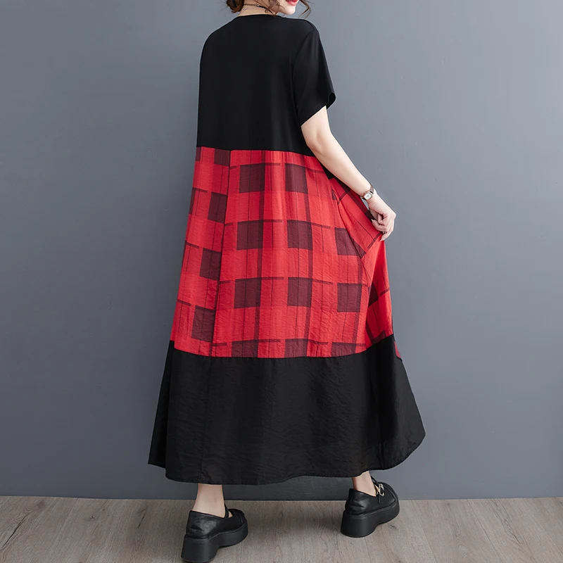 #3850False Two Piece Long T Shirt Dress Women Short Sleeve Vintage Plaid Tshirt Dress Loose Irregular A-Line Dress Cotton Summer