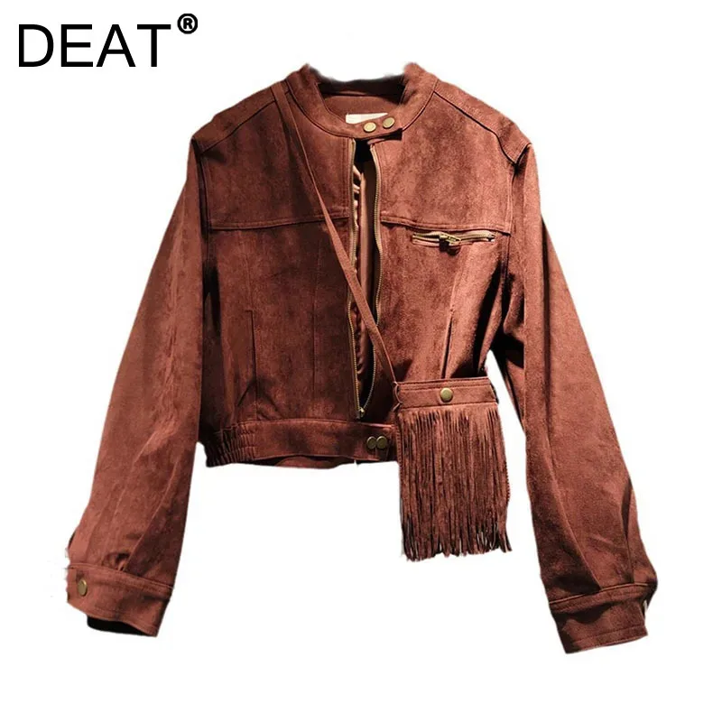 

DEAT Women's Coat Stand Collar Solid Color Zipper Suede Short Jackets With Tassel Crossbody Bag 2024 New Fashion Autumn 29L8850