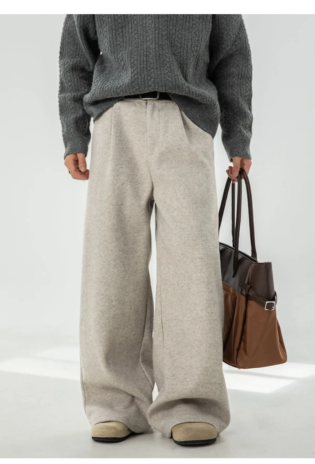 Herbst- und Winter-Herrenhose aus schwerer, strukturierter Wolle mit geradem Bein, locker gefaltet, Y2K Koreanische Baggy Casual Hose – Detail 11