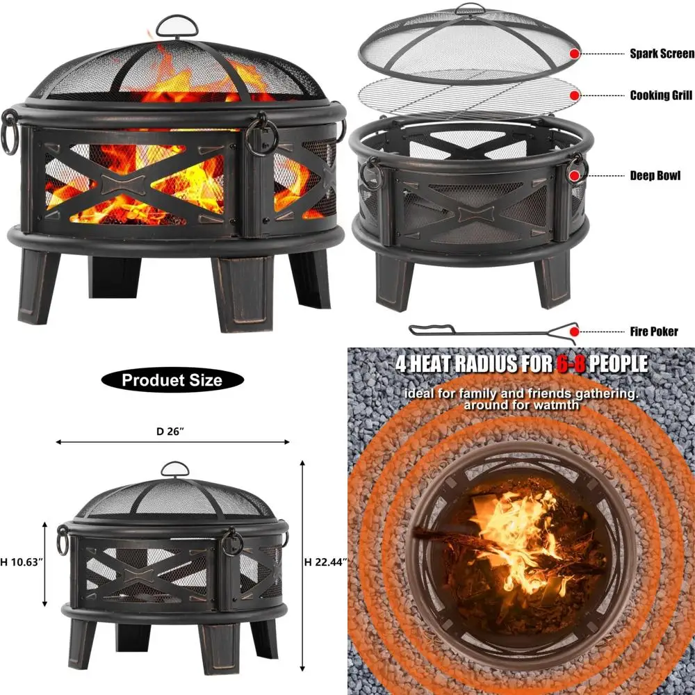 

Outdoor Round Metal Fire Pit with 26 Inch Diameter, Wood Burning, Cooking Grill, and Spark Screen for Patio and Backyard Bonfire