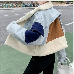 Fashionable Fleece-lined Denim Patchwork Jacket Thickened Lamb Wool Lining For Women Winter Style  Jacket Cotton Coat