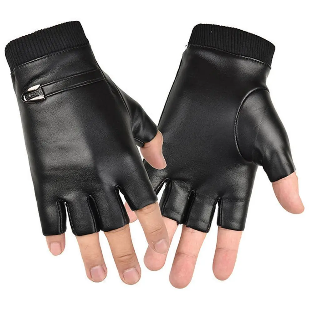 Button Warm Solid Half Finger PU Leather Slip Resistant Fitness Leather Gloves Fingerless Gloves Punk Gloves Thick Guantes