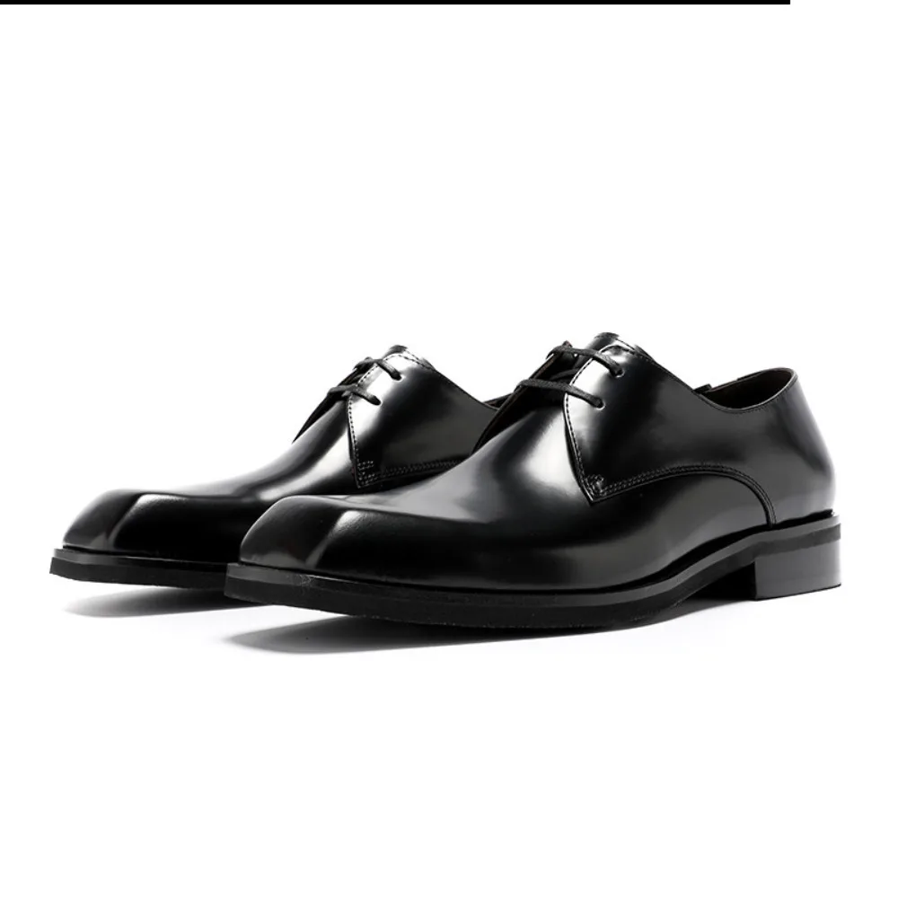 Spring Mens Genuine Leather Derby Shoes Square Toe Shiny Business Formal Commuter Leather Shoes Versatile for Men