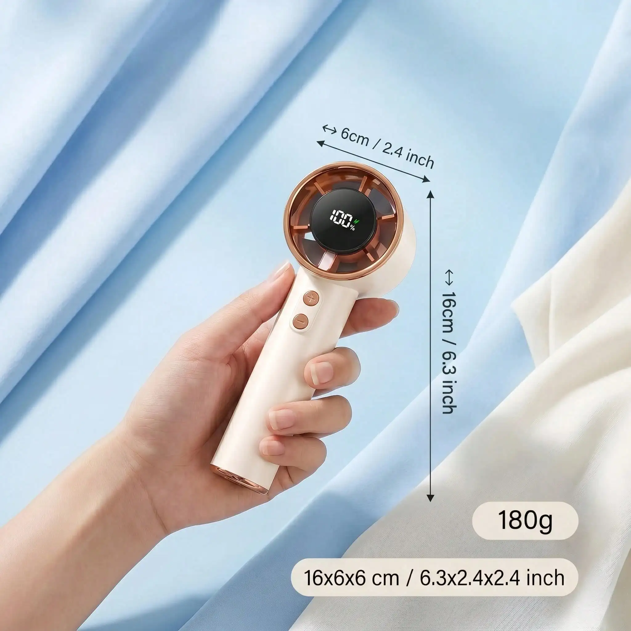 Champagne Handheld Mini Fan, Rose Gold Rhinestone Bezel, Digital Display Adjustable Personal Air Cooler, USB Rechargeable Pocket Fan, Comes With Original Charging Cable, Aesthetic Small Cooling Fan for Home Office Outdoor Travel Women Gift