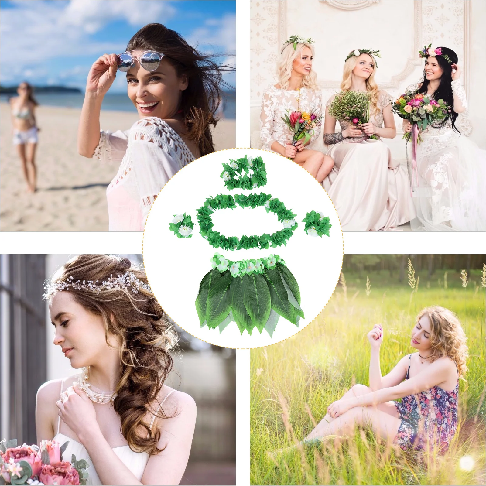 

5pcs Hula Skirt Hawaiian Party Supplies Set Green Leaf Costume Necklace Bracelets Headband For Luau Beach Halloween Themed