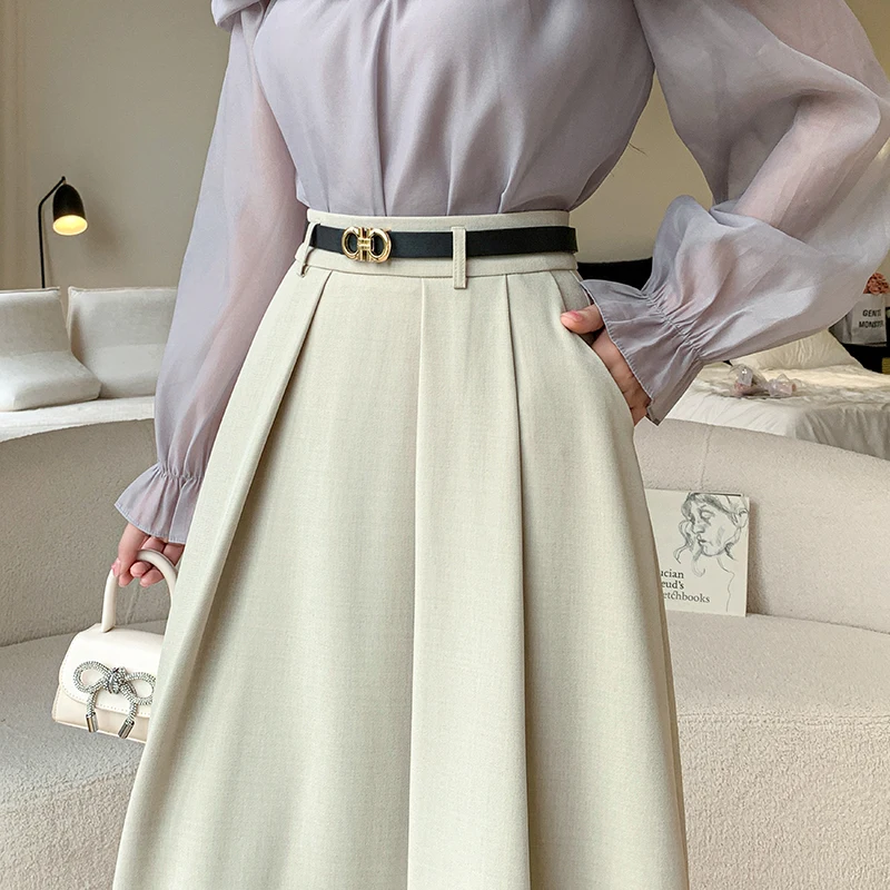 Korean Style Casual Summer A-Line Skirt Long For Women 2024 High Waist Elegant Fashion Big Swing Formal Midi Skirt Ladies