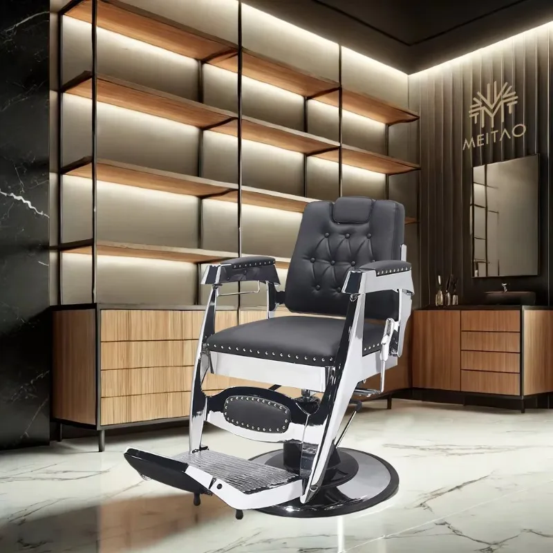 Elegant Black Leather Barber Chair with Tufted Design, Studded Details, and Chrome Base - Perfect for Premium Experiences