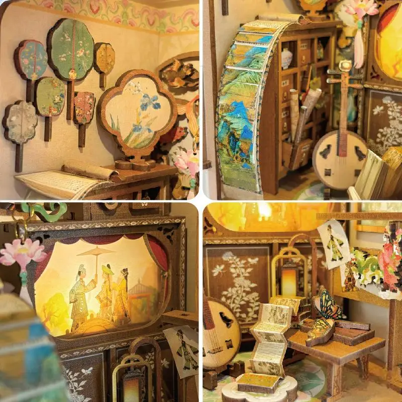 مجموعة OUZEY 3D Wooden Book Nook DIY - مشهد مصغر مع تماثيل ودفاتر، هدية ديكور مصنوعة يدويًا