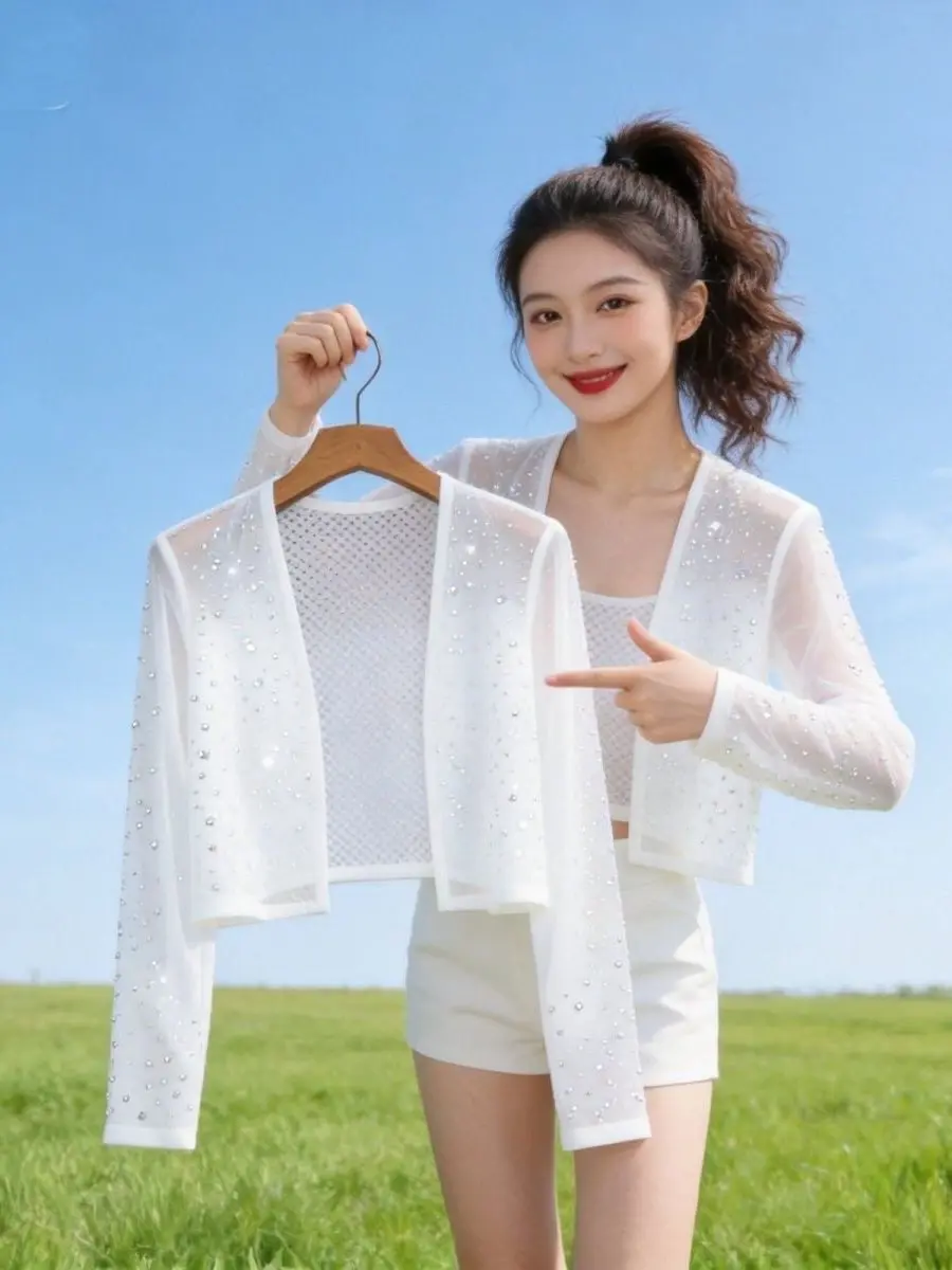 plus Size Women's Star Diamond Embellished Mesh Cardigan Shoulder Wrap Short Lightweight Breathable Comfortable Fashionable