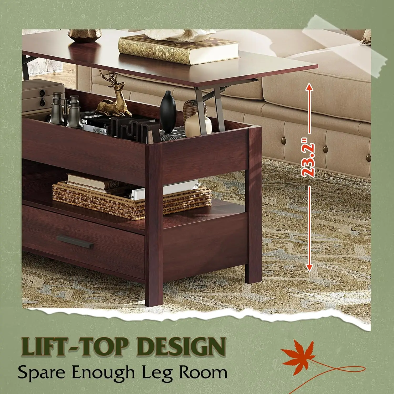 طاولة قهوة، طاولة قهوة قابلة للرفع مقاس 39 بوصة مع حجرة مخفية وأدراج تخزين ورف تخزين لغرفة المعيشة والاستقبال Ro #5