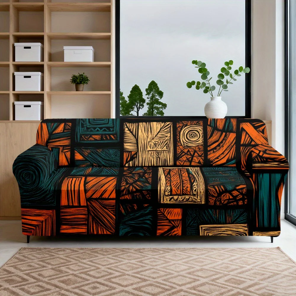 1 Stück Boho Tribal Abstrakter Geometrischer Druck Stretch-Sofabezug, Abnehmbarer Waschbarer Staubabweisender Couchüberzug