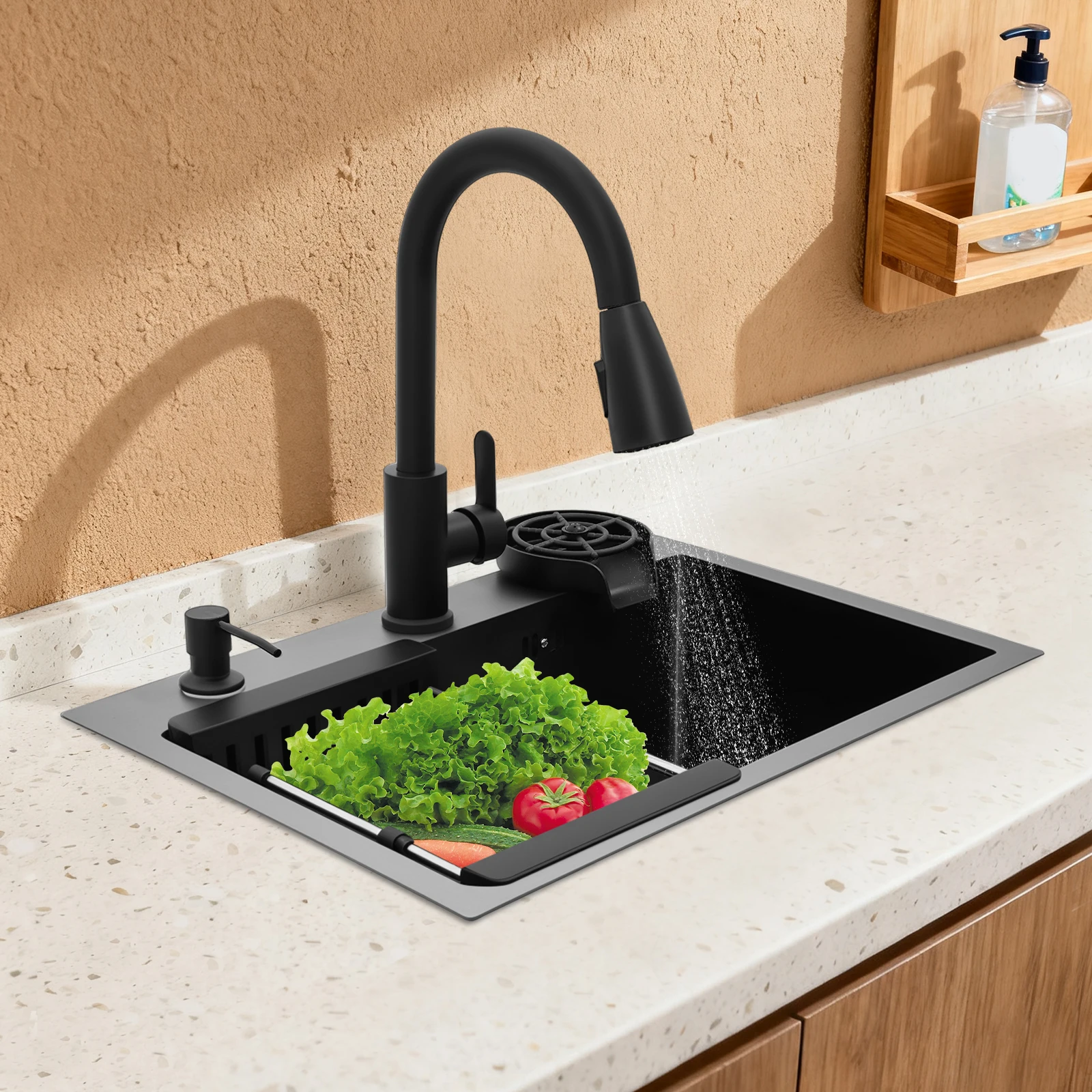 

Black Stainless Steel Kitchen Sink Set - Single Bowl with Pull-Out Faucet & Cup Washer (Nano-Coated)