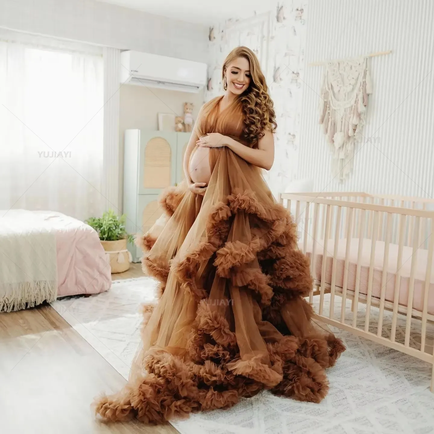 Customized A Line Ruffles Maternity Robes for Photo Sexy V Neck Sleeveless Tulle Pregnant Women Dresses Boudoir Bridal Nightgown