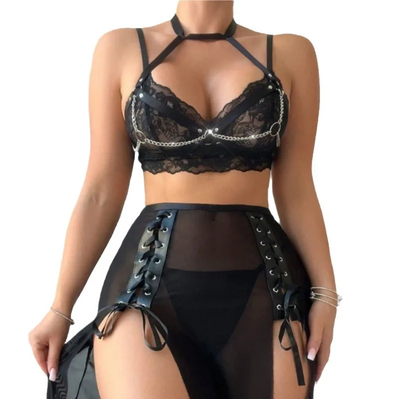 

4 Piece Western Halter Lace Trim Slit Sexy Women Underwear Babydoll Backless Cross Strap Hollow Out Mesh Skirt Lingerie Sets