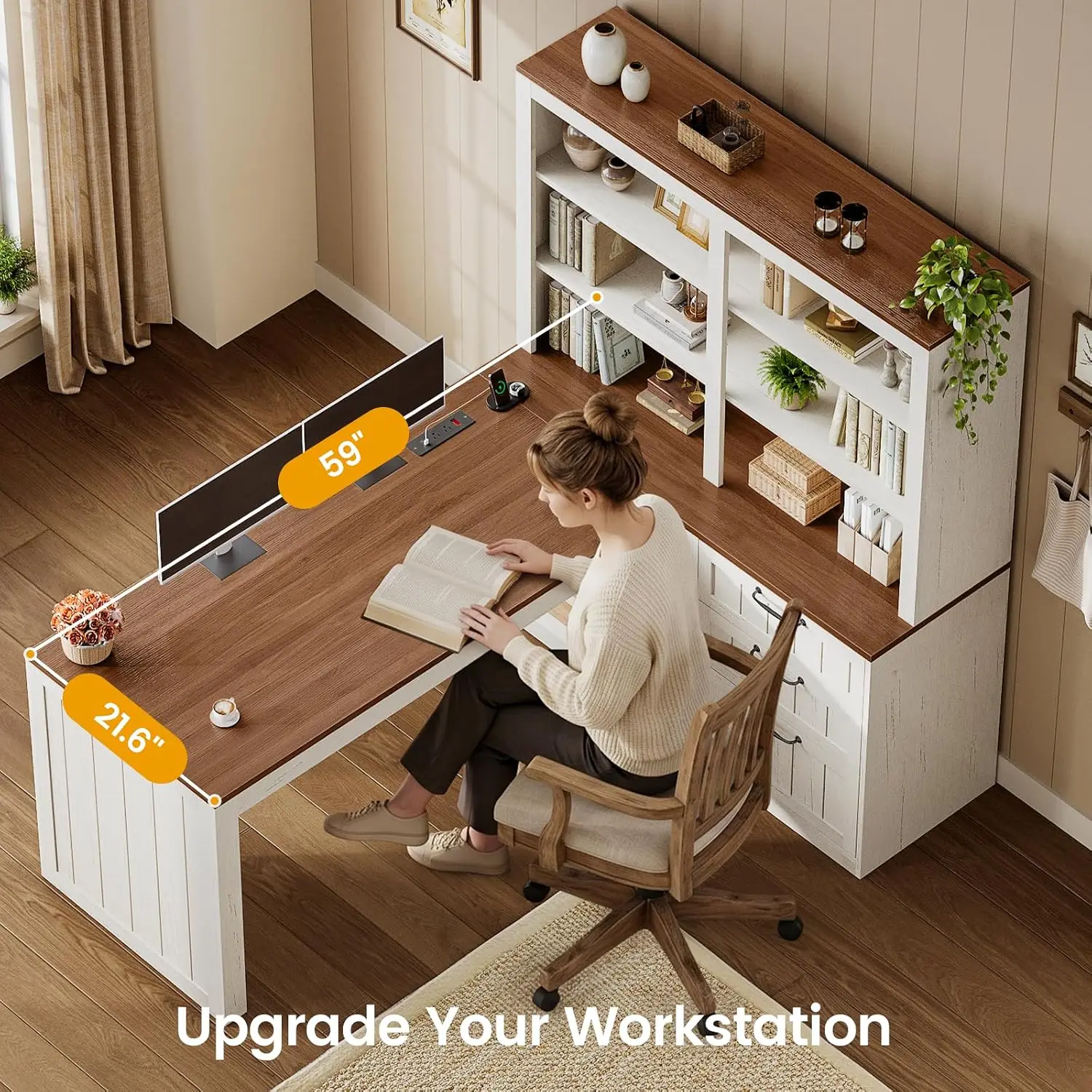 L Shaped Desk, 59'' Wood Desk with 3 Drawers & 5-Tier Shelf, Corner Desk with Storage & Power Outlet for Home Office, Customized