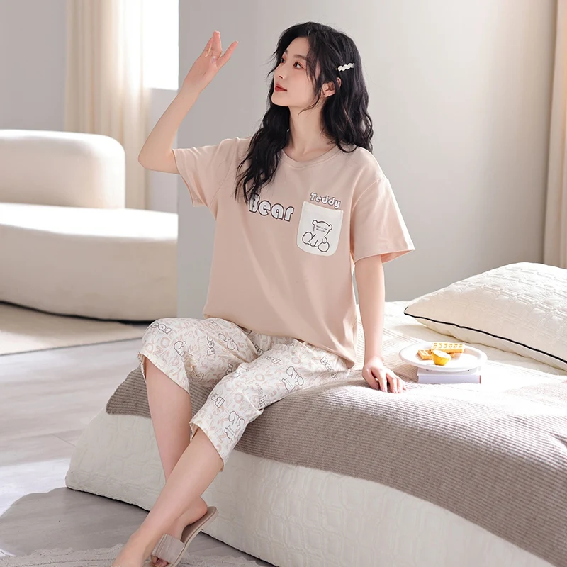 2024 Summer 100% Cotton Cute Short Sleeve Knee Length Pajama Sets for Women Korean Loose Sleepwear Pyjama Homewear Home Clothes