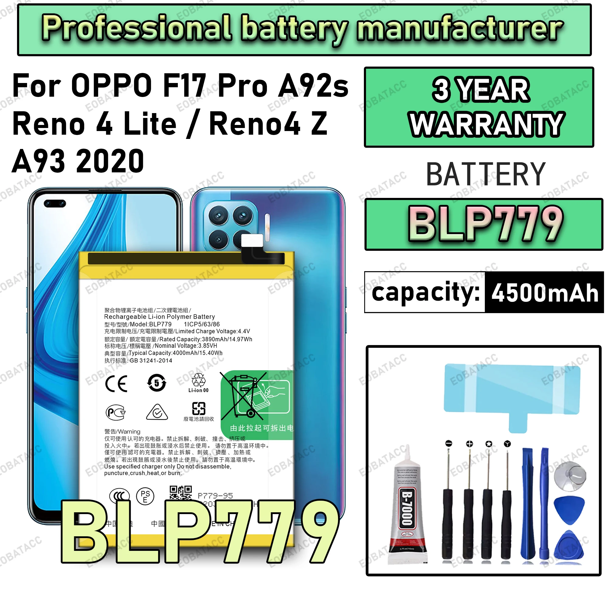 

100% New Zero Cycle BLP779 Battery For OPPO F17 Pro/A92S/Reno 4 Lite/Reno4 Z/A93 2020 Phone Bateria Battery+Free Tools