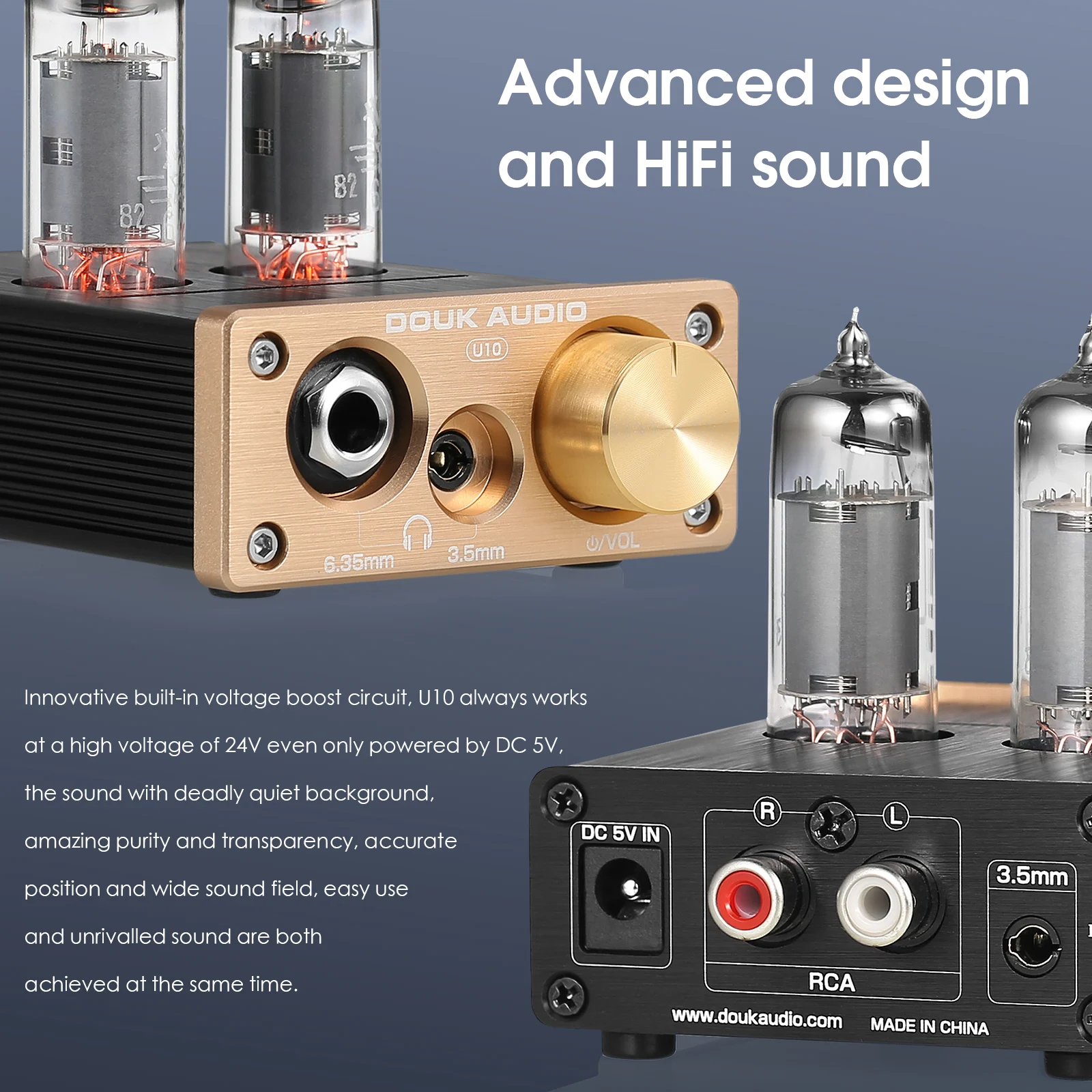 Douk Audio U10 HiFi Ventil Tube Preamp Stereo AUX Desktop Audio Preamp 6,35mm/3,5mm Kopfhörer Verstärker – Detail 4
